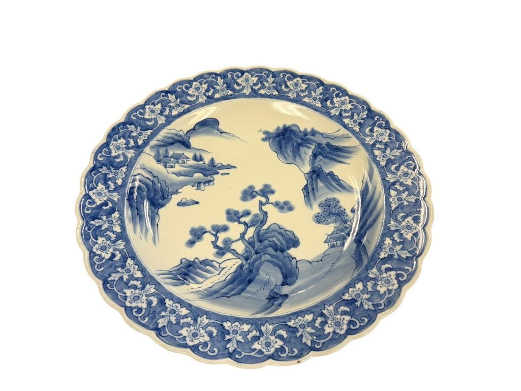 BLUE AND WHITE PORCELAIN LARGE JAPANESE IMARI CHARGER WITH LANDSCAPE SCENE AND FLORAL BORDER (1 of 13)