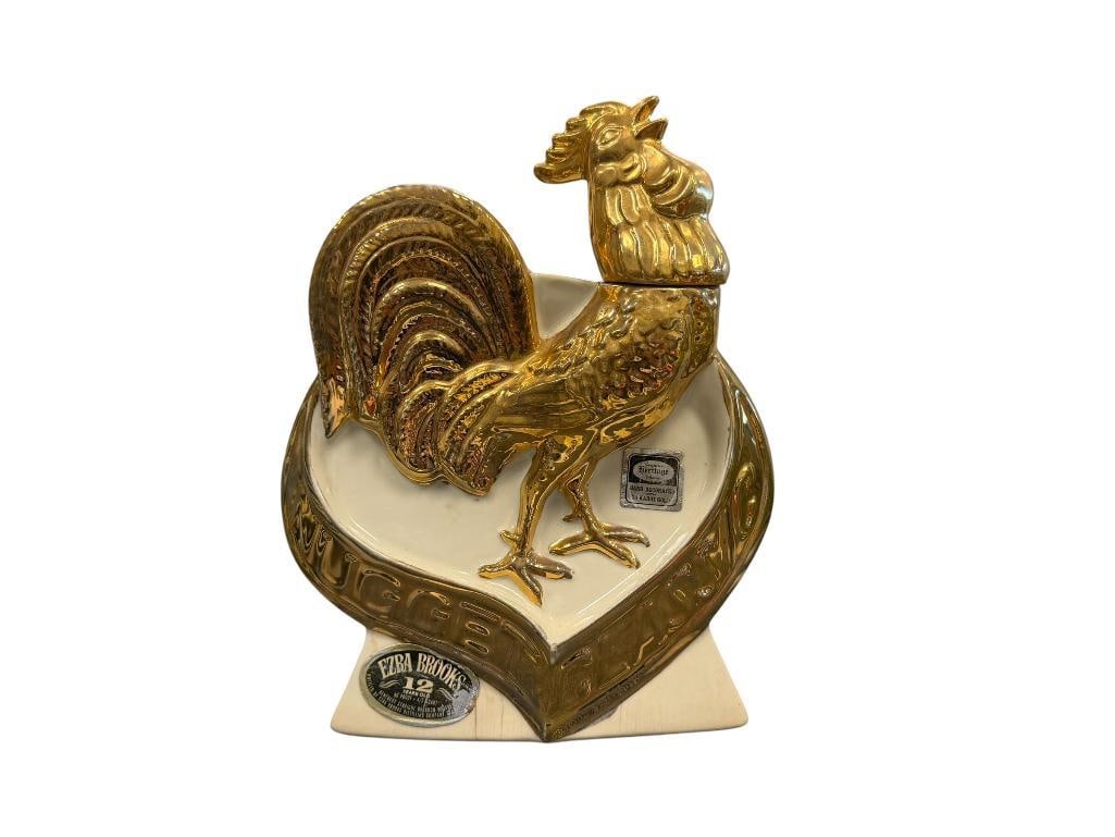 1970 HERITAGE CHINA EZRA BROOKS JOHN ASCUGA'S NUGGET GOLDEN ROOSTER DECANTER: EMPTY 10" H