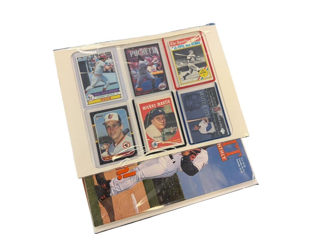 1990'S BECKETT BASEBALL MONTHLY MAGAZINES WITH SIX ASSORTED BASEBALL CARDS: CAL RIPKEN JR/ ROBERTO ALOMAR, DAVE JUSTICE, MICKEY MANTLE ON FRONT COVERS PLUS SIX BASEBALL CARDS INCLUDING MICKEY MANTLE, KIRBY PUCKETT, CAL RIPKEN, LOU GEHRIG