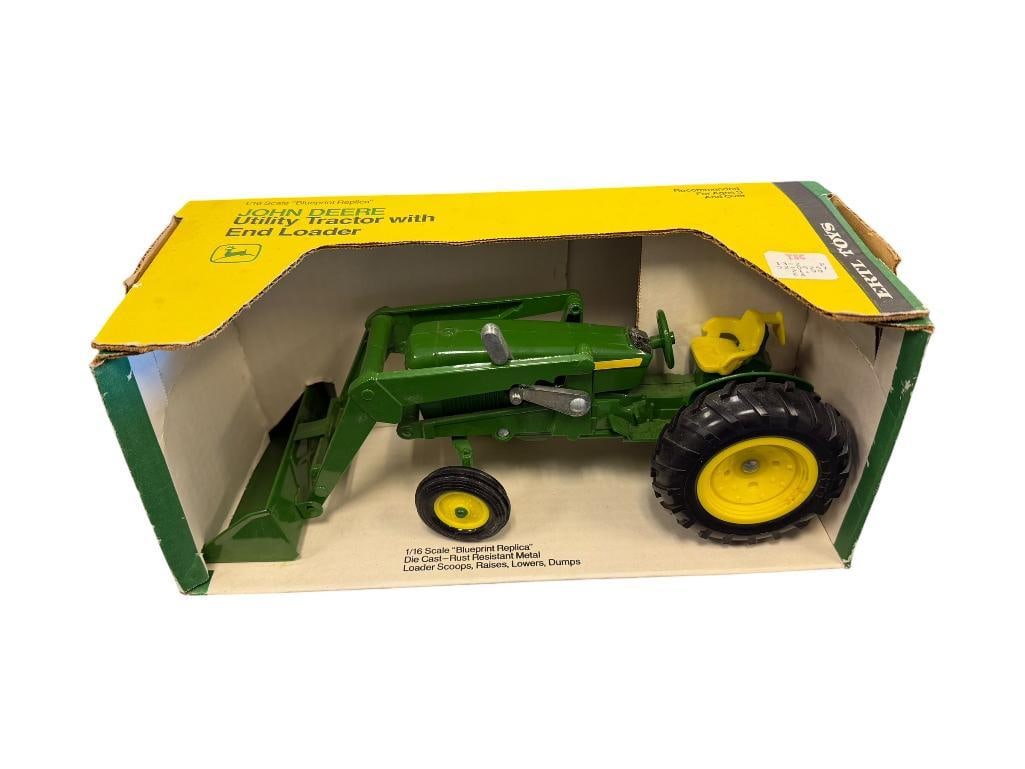 ERTLE 1/10 DIE-CAST MODEL REPLICA JOHN DEERE UTILITY TRACTOR WITH END LOADER: NEW DEAD STOCK12" L