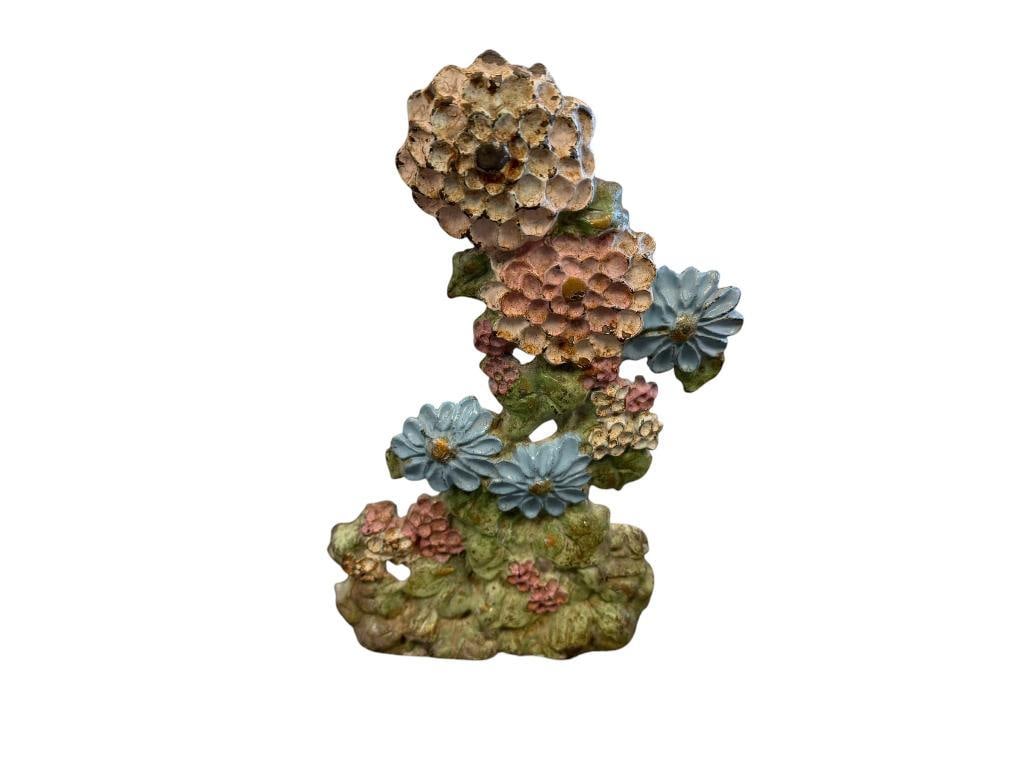 ANTIQUE POLYCHROME CAST IRON FLORAL DOORSTOP POSSIBLY MADE BY HUNLEY: MARKED ON THE BAK PAT. APPLIED FOR 9 1/2" H