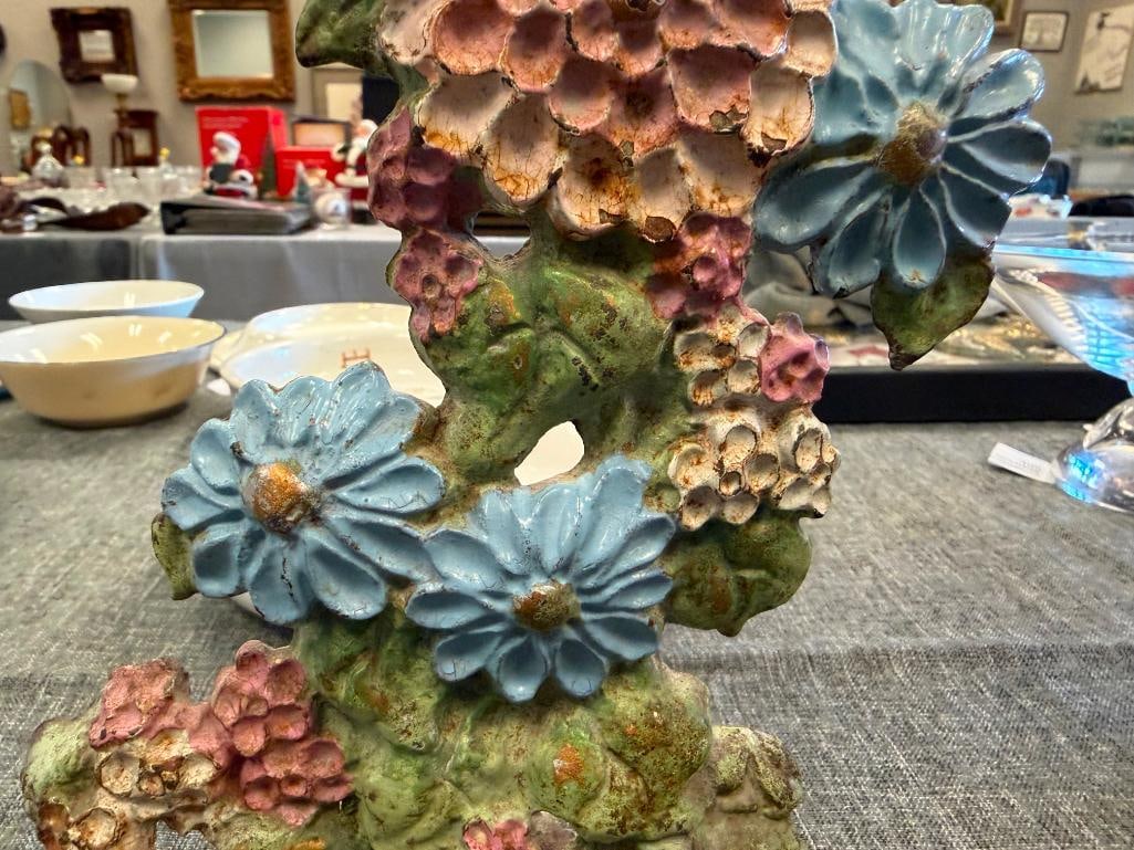 ANTIQUE POLYCHROME CAST IRON FLORAL DOORSTOP POSSIBLY MADE BY HUNLEY - 5