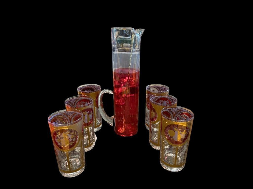 CERA BOUNTIFUL FRUIT MID-CENTURY CRANBERRY AND CLEAR GLASS COCKTAIL GLASSES WITH GILT ACCENTS (1 of 15)
