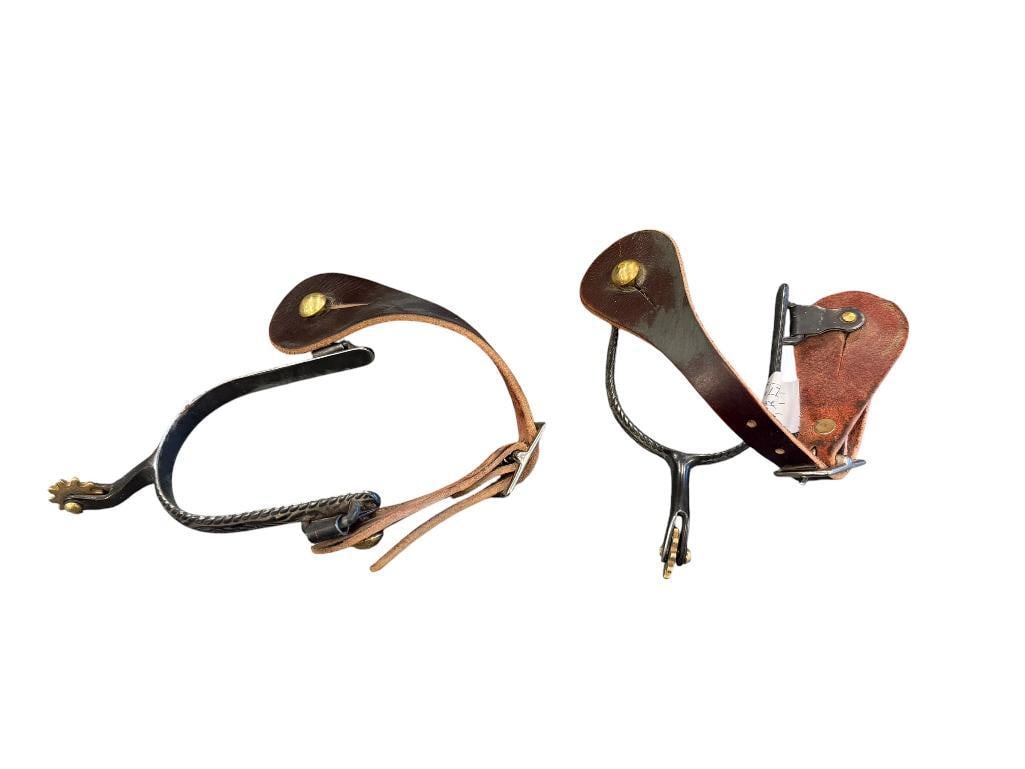 PAIR OF SMALL ROWLE WESTERN / COWBOY SPURS WITH BRASS ROWLES AND LEATHER STRAPS: 5 3/4" L