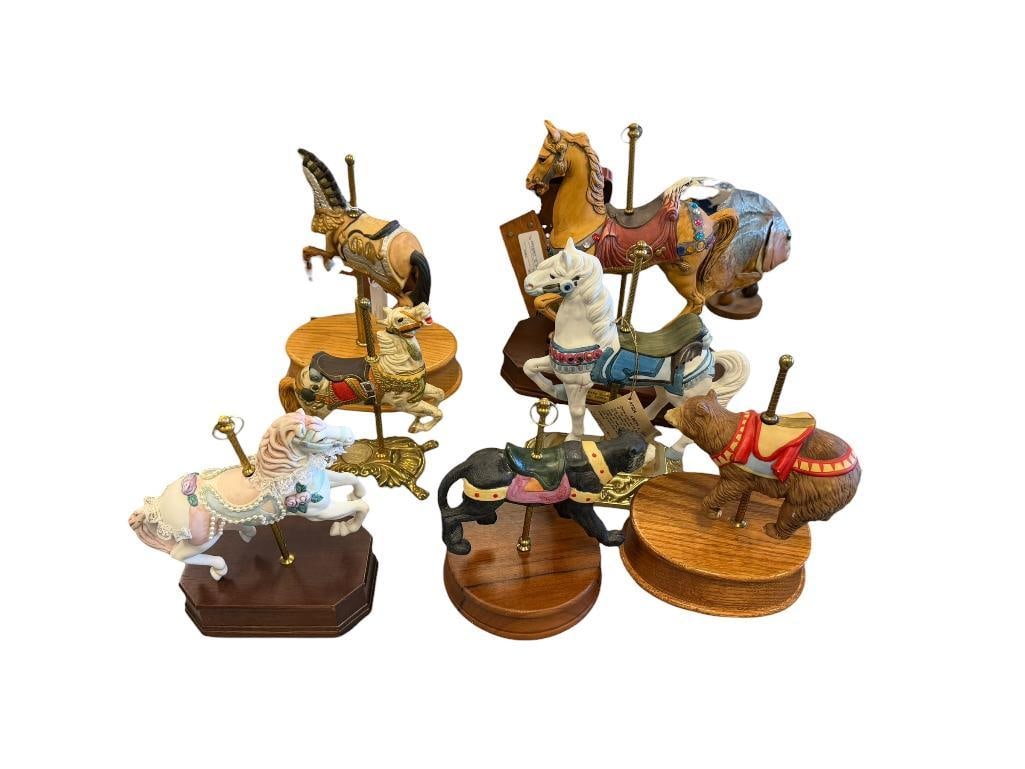 SEVEN CAROUSEL HORSES, BEAR, AND LEOPARD MUSICAL ANIMALS AND FIGURINES (1 of 20)