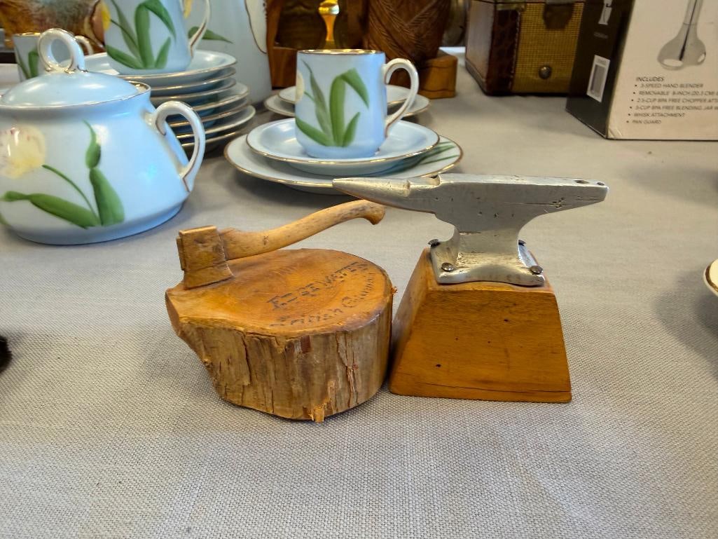 MID-CENTURY MINIATURES ALUMINUM ANVIL MADE IN B.C. CANADA 1955 AND JOHN KELLER AXE AND STUMP 1957 - 2