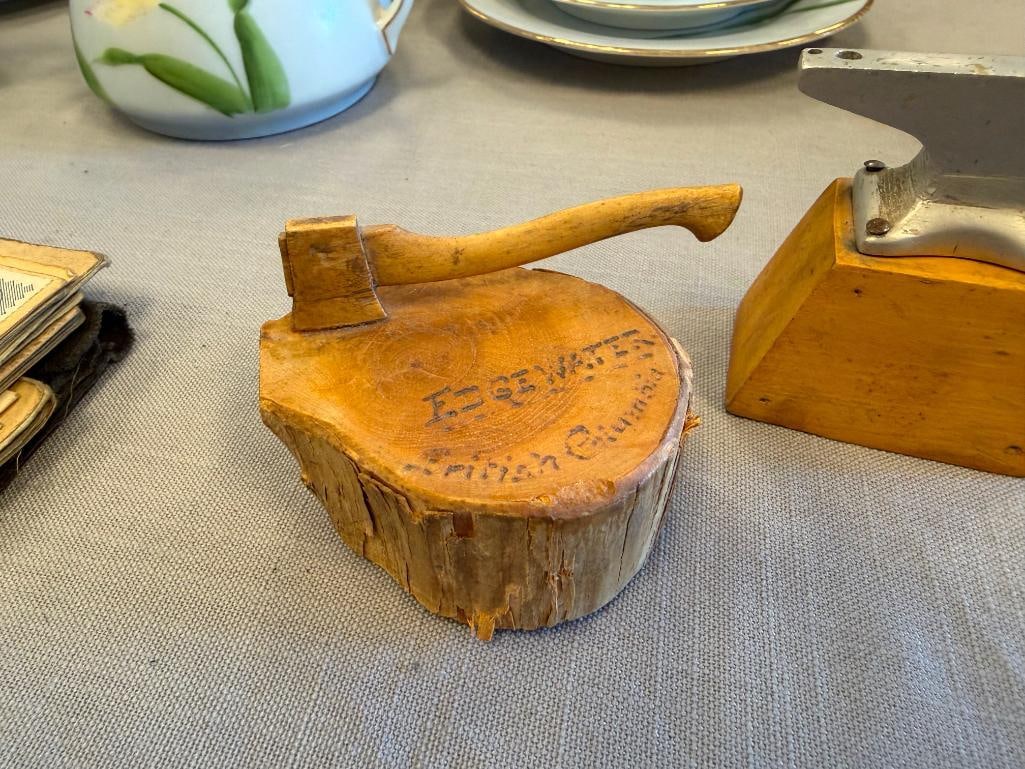 MID-CENTURY MINIATURES ALUMINUM ANVIL MADE IN B.C. CANADA 1955 AND JOHN KELLER AXE AND STUMP 1957 - 7