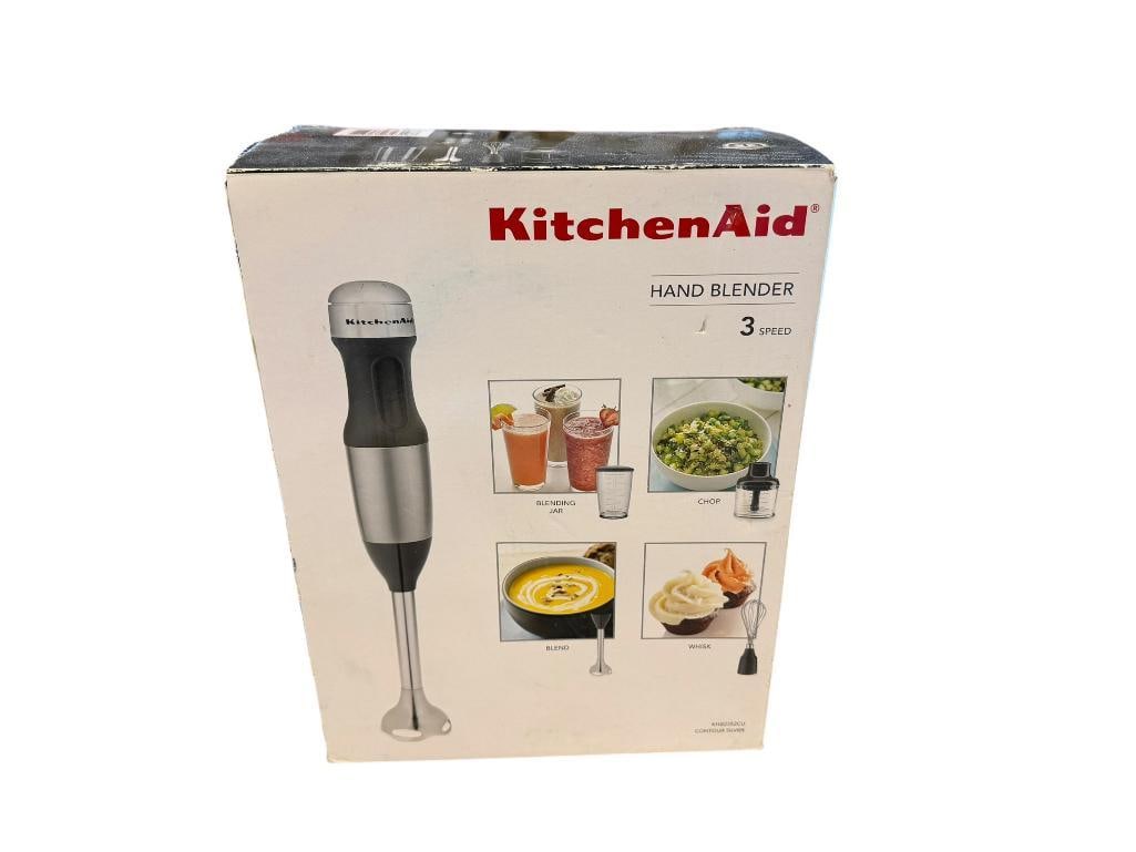 KITCHEN AID CONTOUR SILVER ELECTRIC HAND BLENDER: COMPLETE IN ORIGINAL BOX, APPEARS NEW