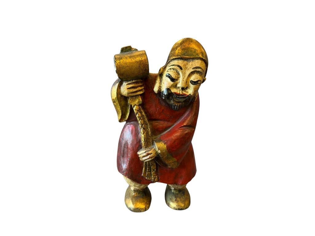 VINTAGE CHINESE CERMAMIC FIGURE IN RED ROBE WITH GILT ACCENTS HAND PAINTED: 8 1/4" H