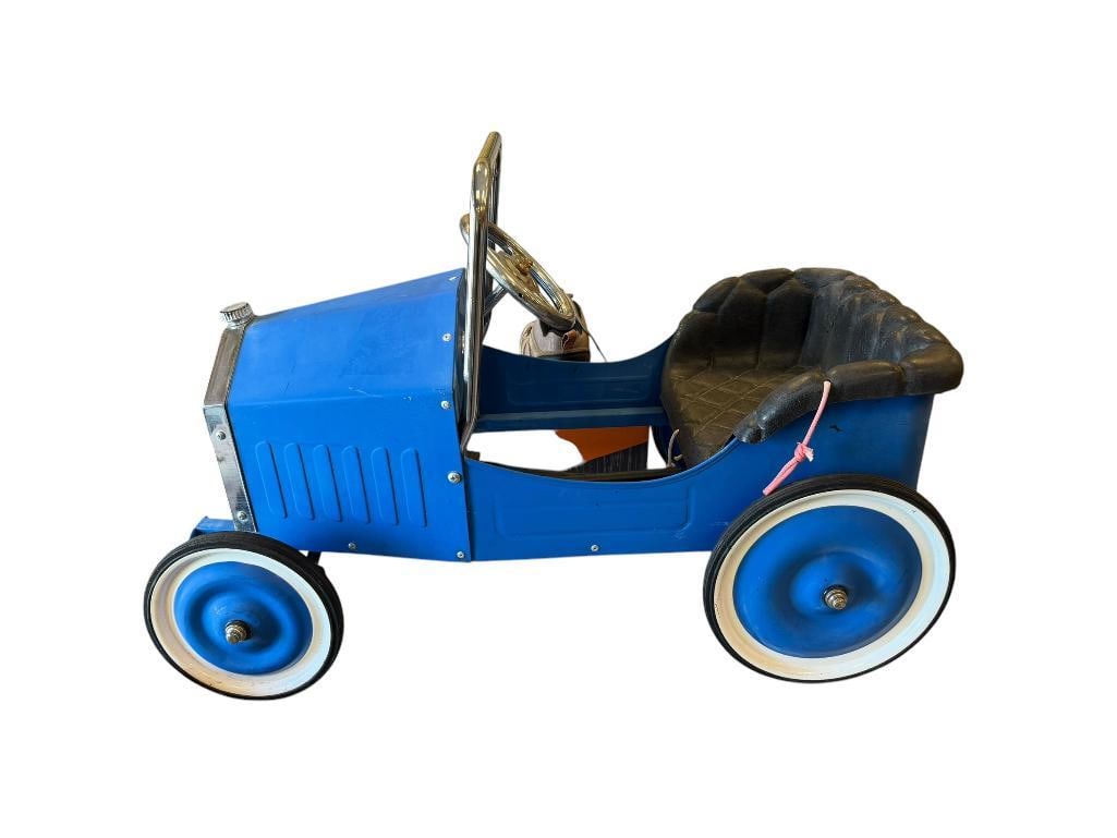 DEXTON VOITURE CLASSIC CHILDREN'S PEDAL TOY CAR: BLUE WITH CHROME ACCENTS, RUBBER TIRES INTACT, PAINT FADING IN A FEW AREAS 31" L