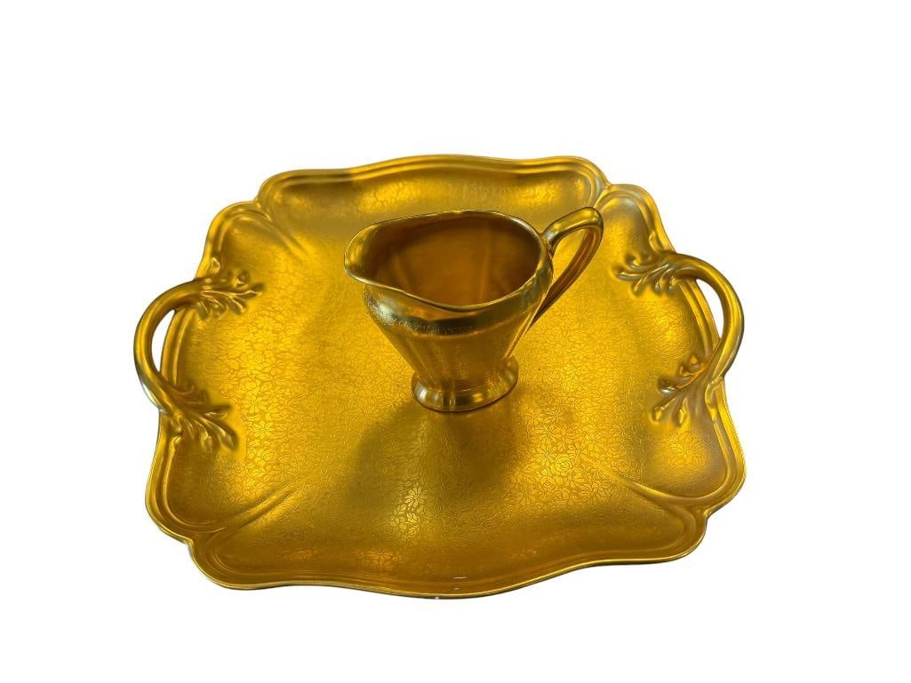 24K GOLD ENCRUSTED CNDY DISH AND PITCHER FLORAL ETCHED DESIGN ON EBY PICKARD CHINA: 3 1/2" AND 10" 