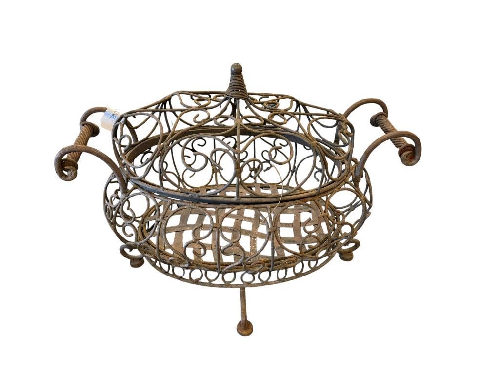 LARGE SCROLL AND WEAVE DECORATIVE METAL BASKET WITH REMOVABLE TOP: 18" L