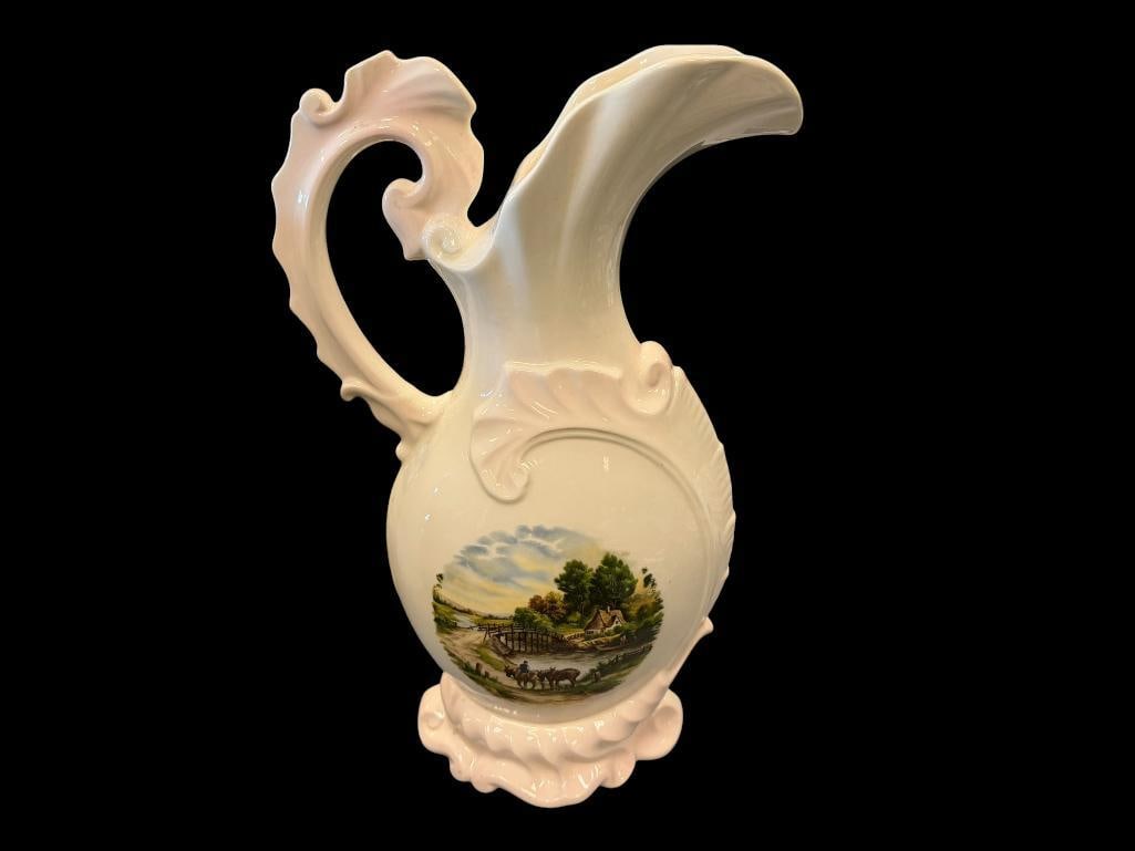 1979 HAND CRAFTED TALL EWER SIGNED MAGGIE WITH TRANSFER DECORATED SCENES: 16 3/4" H