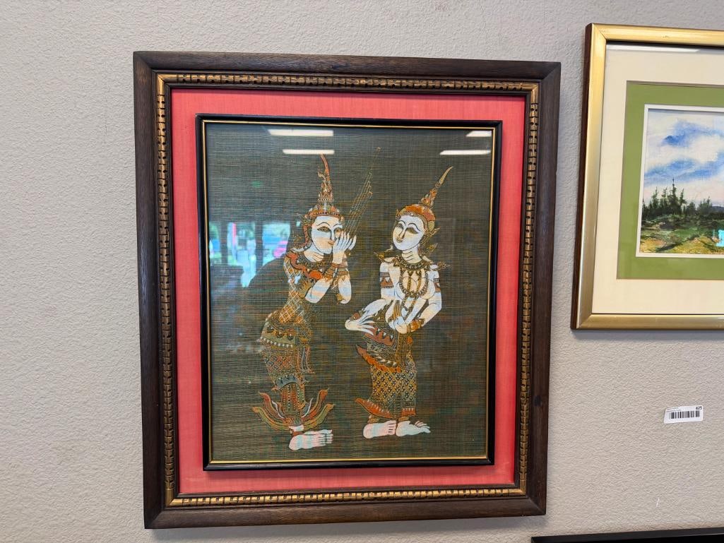 VINTAGE THAI TEMPLE RUBBING ART ON SILK KINNARA MYTHICAL CREATURES FROM BUDDHIST MYTHOLOGY - 2