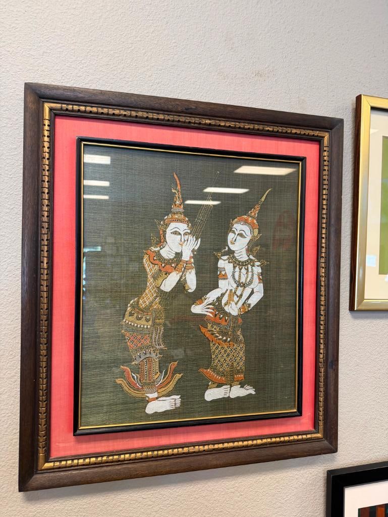 VINTAGE THAI TEMPLE RUBBING ART ON SILK KINNARA MYTHICAL CREATURES FROM BUDDHIST MYTHOLOGY - 4