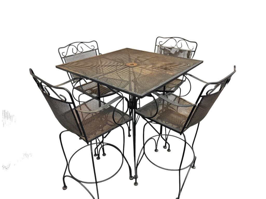 PUB HEIGHT BLACK METAL MESH PATIO TABLE SET WITH FOUR SWIVEL CHAIRS (1 of 18)