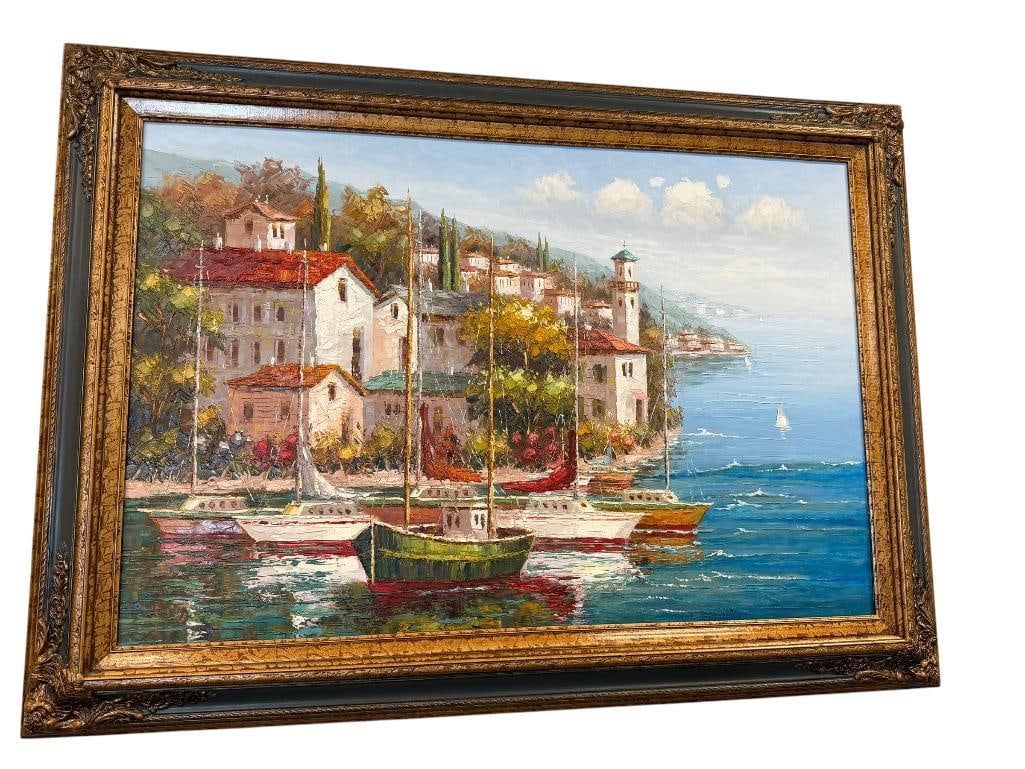 LARGE ORIGINAL ACRYLIC ON CANVAS MEDITERRANEAN COASTAL LANDSCAPE WITH HARBOR: 43" X 31" FRAME