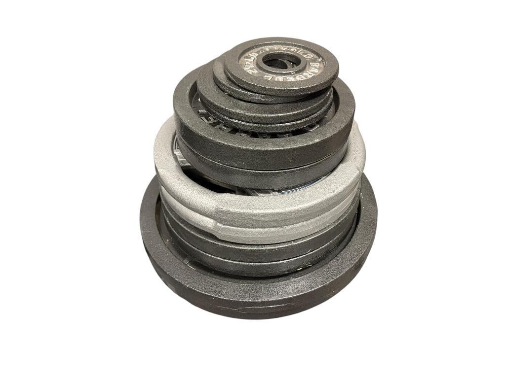 CAST IRON OLYMPIC WEIGHT LIFTING PLATES (2) 2 1/2 LBS, (2) 5 LBS, (2) 25 LBS, (4) 35 LBS, (2) 45 ... (1 of 8)