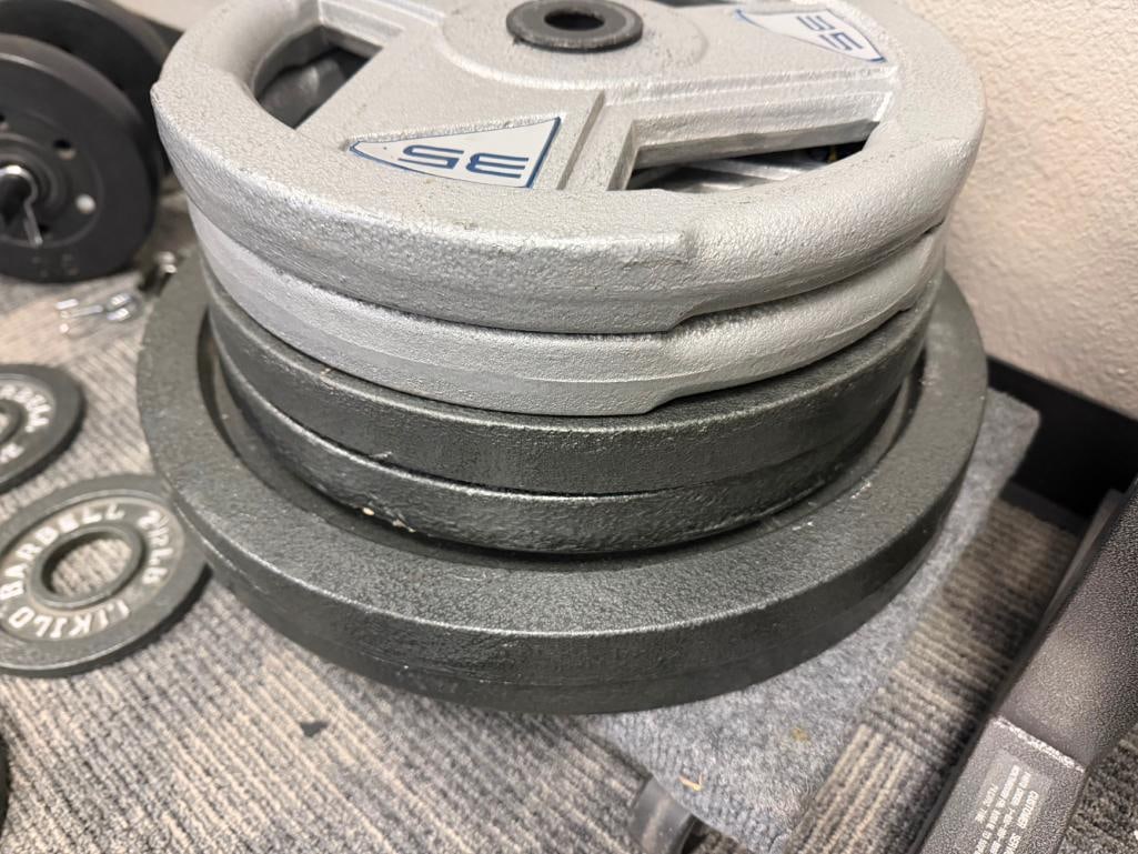 CAST IRON OLYMPIC WEIGHT LIFTING PLATES (2) 2 1/2 LBS, (2) 5 LBS, (2) 25 LBS, (4) 35 LBS, (2) 45 ... - 8
