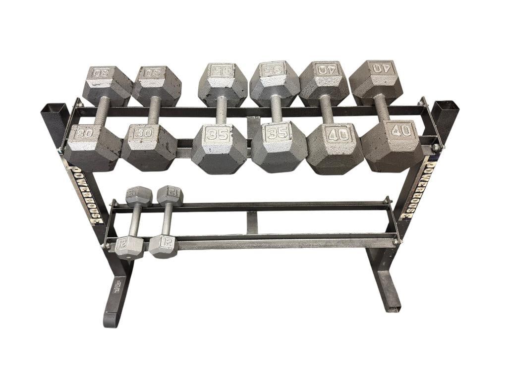 MPEX POWERHOUSE METAL DUMBBELL WEIGHT RACK WITH FOUR SETS OF DUMBBELS 12 LB, 30 LB, 35 LB, AND 40...: RACK 44" L X 31" H