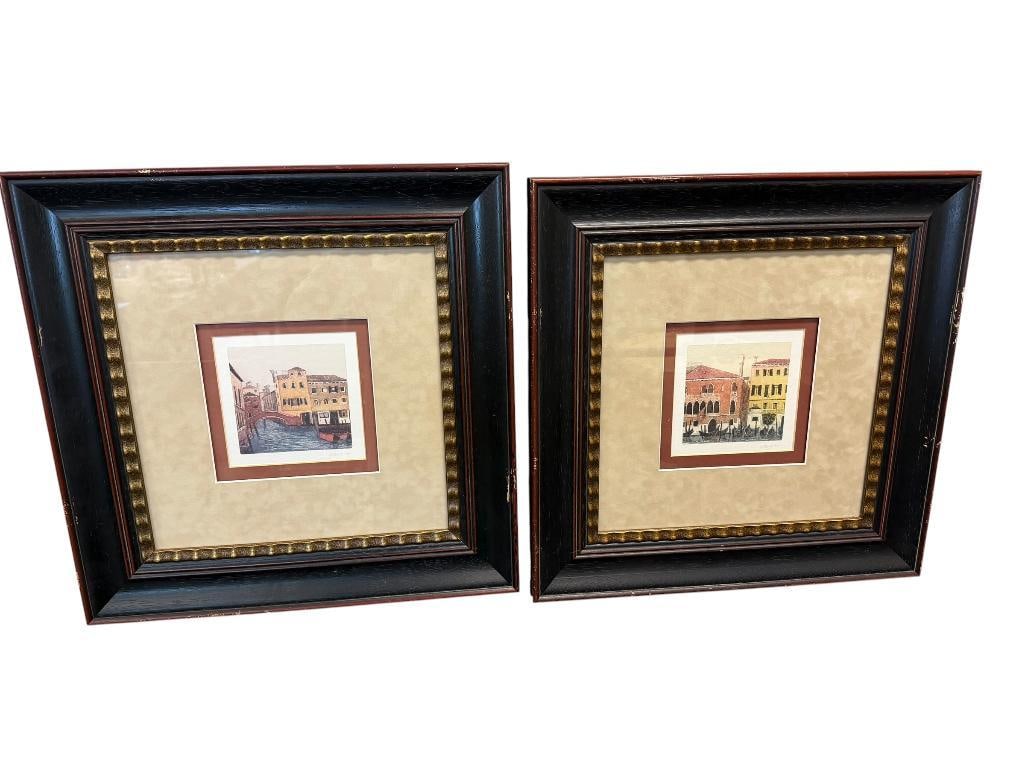 ERNESTO ART SOURCE INTERNATIONAL IMAGES OF VENICE I AND III: EACH PRINT DEPICTS SCENE OF VENICE ARCHITECTURE AND WATERWAYS, SIGNED LOWER RIGHT, FRAMED 20" X 20" FRAME