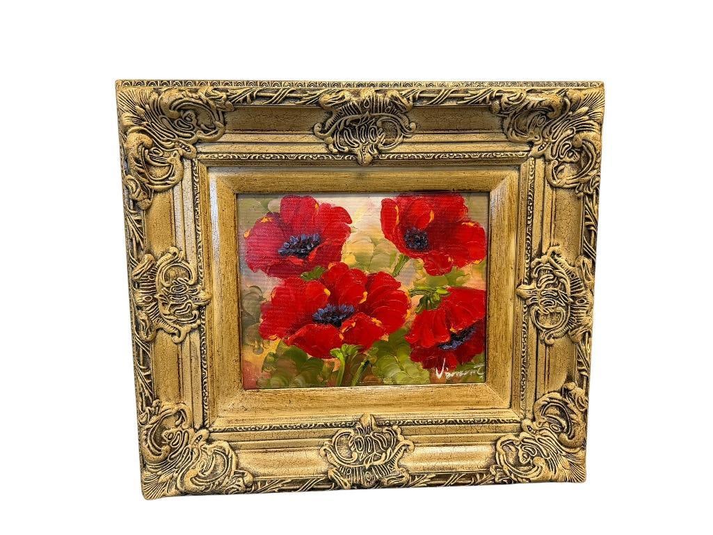 VINCENT SIGNED ORIGINAL HEAVY ACRYLIC ON CANVAS OF VIBRANT RED POPPIES: SIGNED LOWER RIGHT, FRAMED 17 1/2" X 15 1/2" FRAME