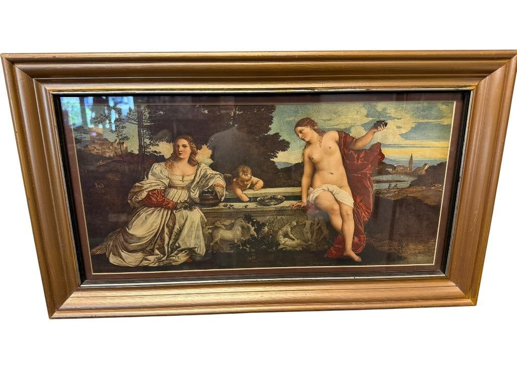TITIAN REPRODUCTION PRINT OF SACRED AND PROFANE LOVE: ORIGINAL ART IS HOUSED IN THE GALLERIA BORGHESE IN ROME 28" X 16" FRAME