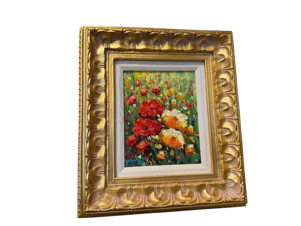 SIGNED ORIGINAL HEAVY ACRYLIC ON CANVAS VIBRANT POPPIES FLORAL PAINTING: SIGNED LOWER RIGHT, FRAMED 15 1/2" X 17 1/2?" FRAME
