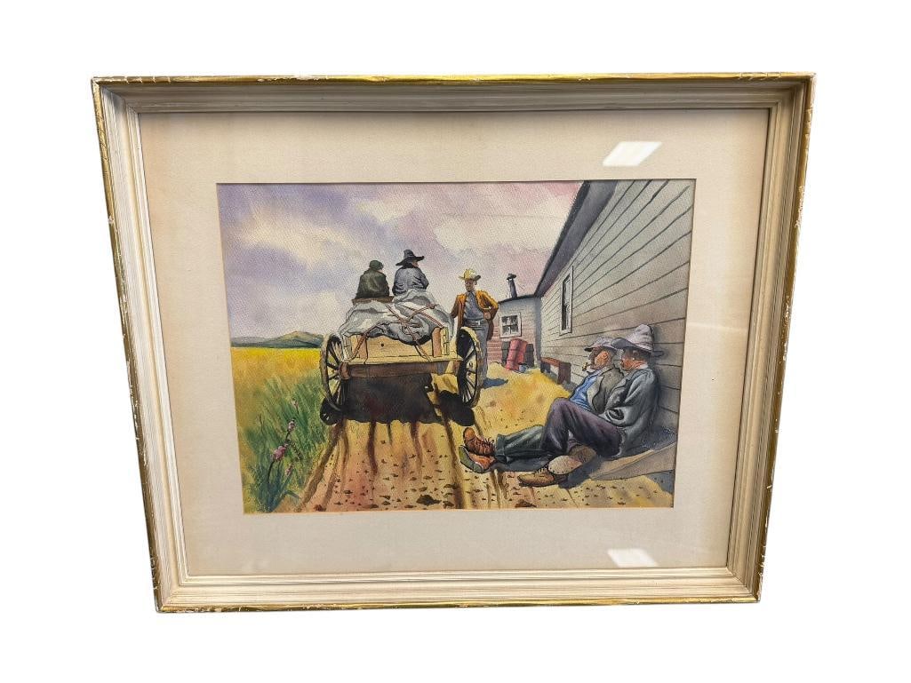 MID-CENTURY WESTERN ORIGINAL WATERCOLOR PAINTING ON PAPER DATED 08/48: ART DEPICTS MEN SEATED AGAINST A BUILDING WITH COWBOY TALKING TO TWO MEN IN A WAGON, UNSIGNED FRAMED 22 3/4" X 18 3/4" FRAME