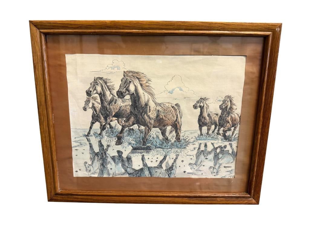 ORIGINAL PEN AND COLORED PENCIL WESTERN DRAWING DATED 1986: ART DEPICTS FIVE GALLOPING HORSES THROUGH WATER WITH REFLECTION 15" X 12" FRAME