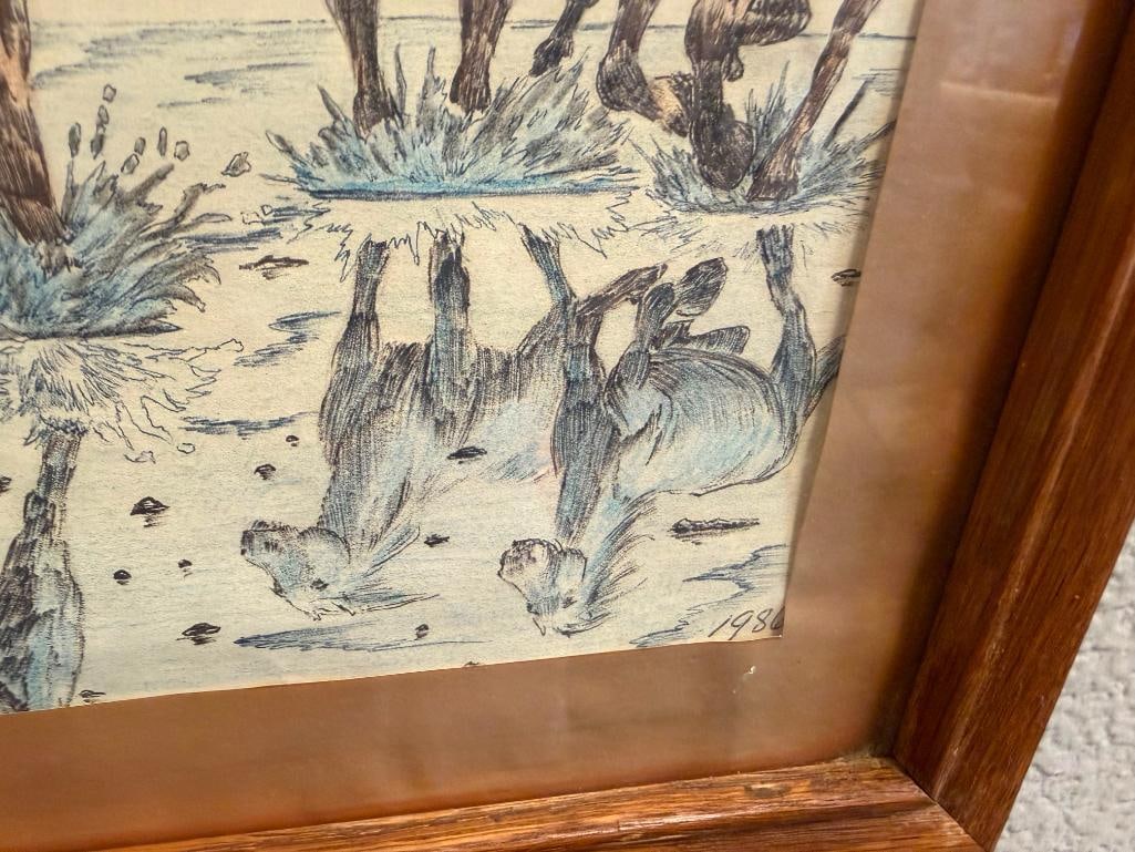 ORIGINAL PEN AND COLORED PENCIL WESTERN DRAWING DATED 1986 - 5