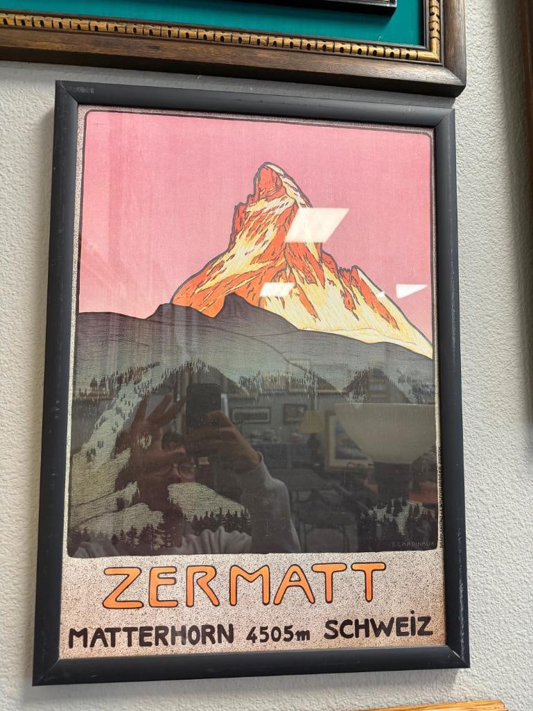 REPRODUCTION 1908 TRAVEL POSTER BY SWISS ARTIST EMIL CARDINAUX OF MATTERHORN MOUNTAIN: 16 1/2" X 23 1/2" FRAME