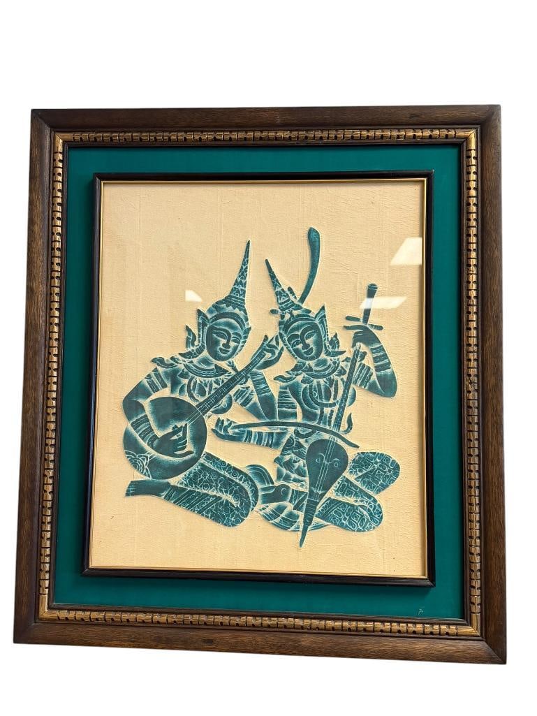 20TH CENTURY TIBETAN TEMPLE RUBBING OF BUDDHIST MYTHOLOGY FIGURES SEATED: 23" X 26" FRAME