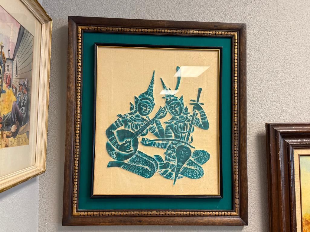 20TH CENTURY TIBETAN TEMPLE RUBBING OF BUDDHIST MYTHOLOGY FIGURES SEATED - 2