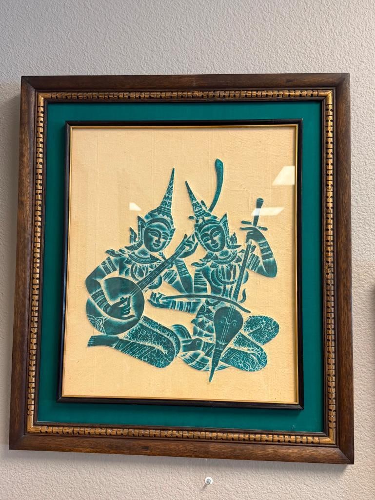 20TH CENTURY TIBETAN TEMPLE RUBBING OF BUDDHIST MYTHOLOGY FIGURES SEATED - 3