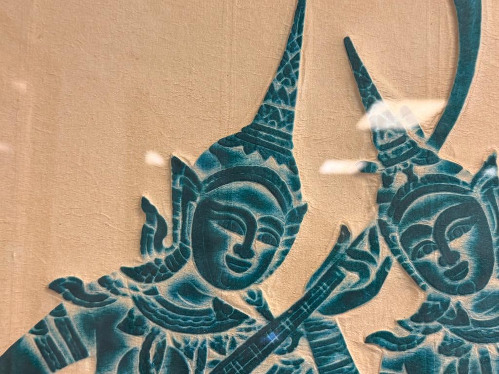 20TH CENTURY TIBETAN TEMPLE RUBBING OF BUDDHIST MYTHOLOGY FIGURES SEATED - 4