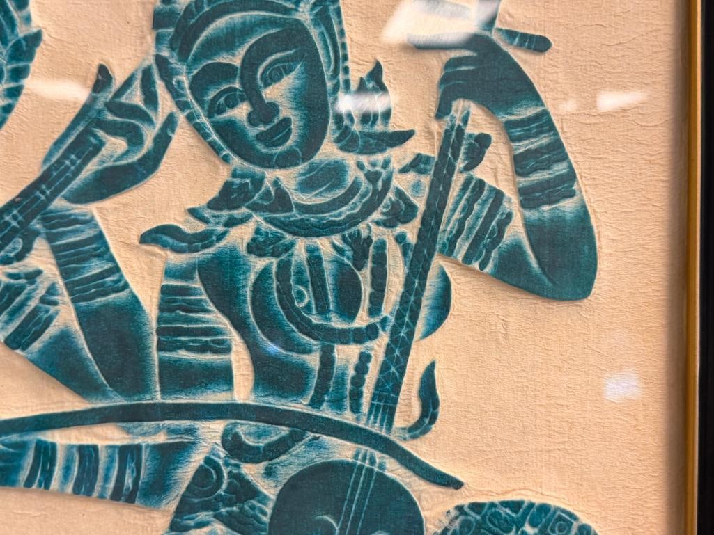 20TH CENTURY TIBETAN TEMPLE RUBBING OF BUDDHIST MYTHOLOGY FIGURES SEATED - 6