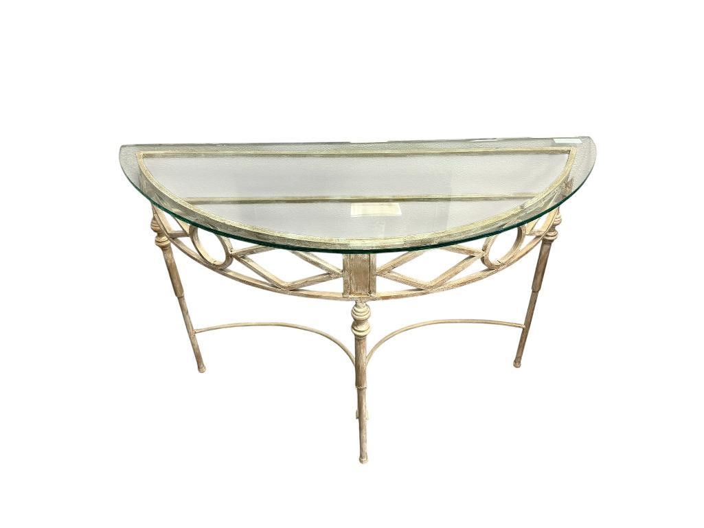 HALF MOON FOYER / HALLWAY METAL TABLE SILVER DISTRESSED FRAME WITH BEVELED GLASS TOP: 46" X 18" X 31"