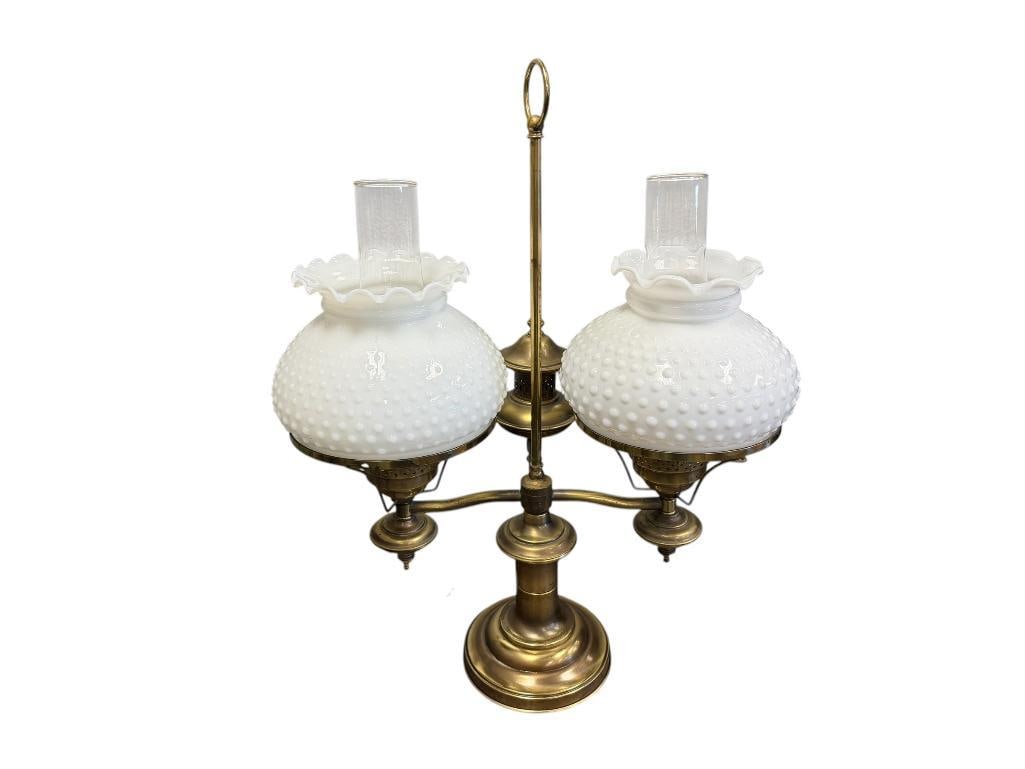 VINTAGE BRASS STUDENTS LAMP WITH MILK GLASS HOBNAIL SHADES AND CLEAR CHIMNEY: TESTED + 23" H