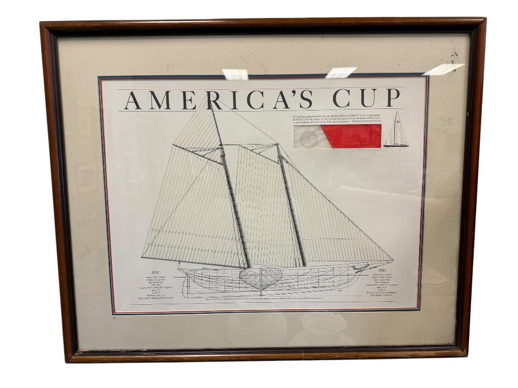 AMERICA'S CUP LIBERTY YACHT PRINT DESIGNED BY JOHAN VALENTIJIN WITH FABRIC FROM SPINMAKER: LIBERTY YACHT RACED AGAINST AUSTRALIA II YACHT, FRAMED 31 1/2" X 25 1/2" FRAME