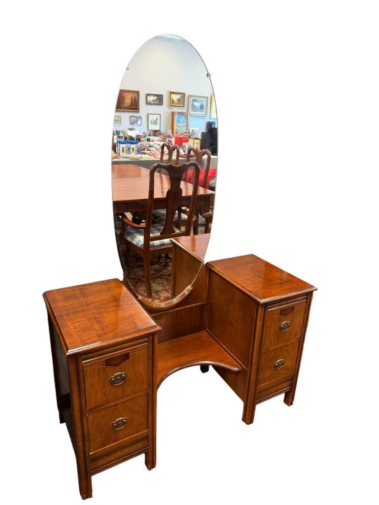 VINTAGE FOUR DRAWER VANITY WITH LONG OBLONG MIRROR: 43" X 18" X 66"