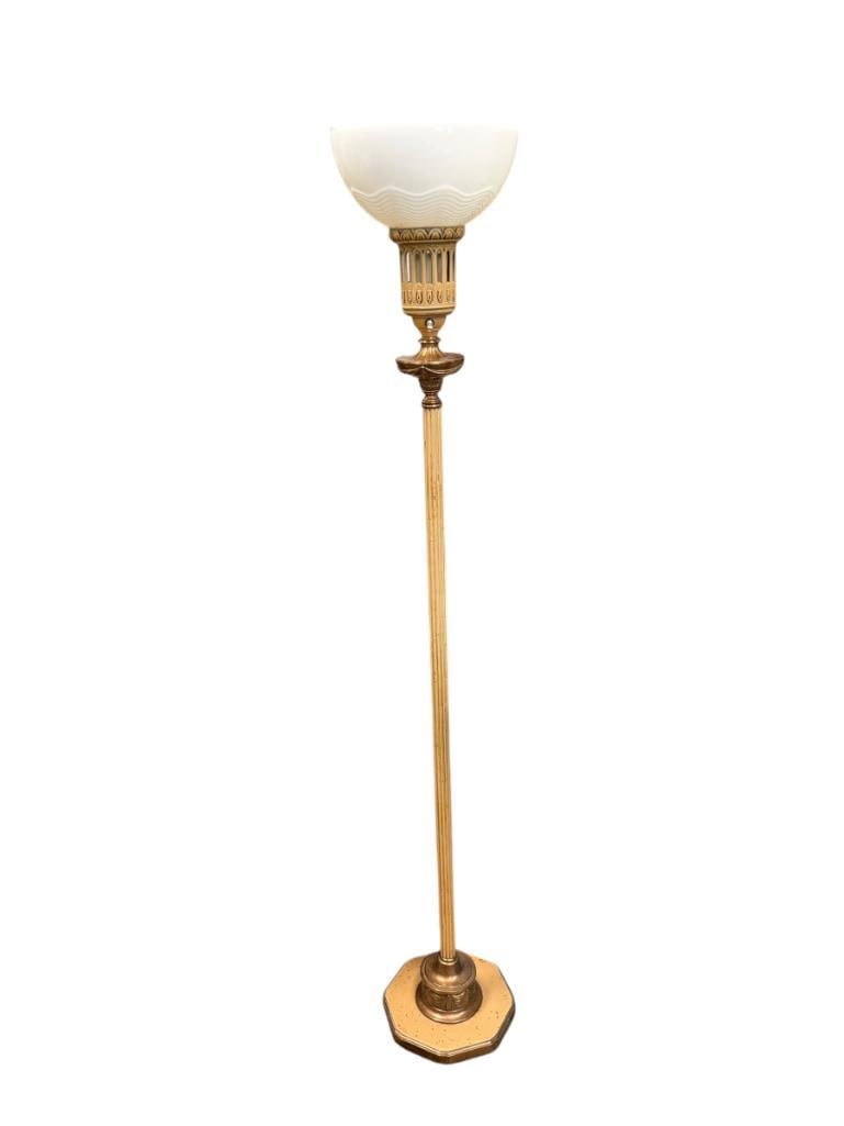 ART DECO STYLED TORCHIERE FLOOR LAMP WITH CURTAIN DRAPE DESIGN: OCTAGONAL SHAPED BASE, MILK GLASS SHADE, TESTED + 60" H