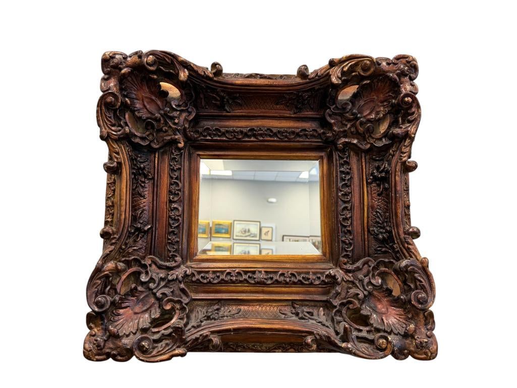 BAROQUE STYLE ELABORATE FRAMED BEVELED MIRROR BRONZE TONED: 22" X 20"