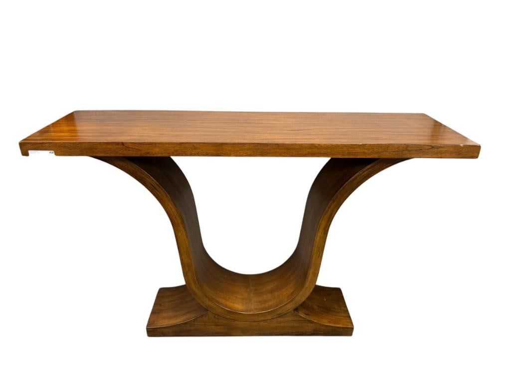 CONTEMPORARY WALNUT GRAIN FOYER / HALLWAY TABLE WITH LYRE STYLE BASE: 48" X 14" X 31"