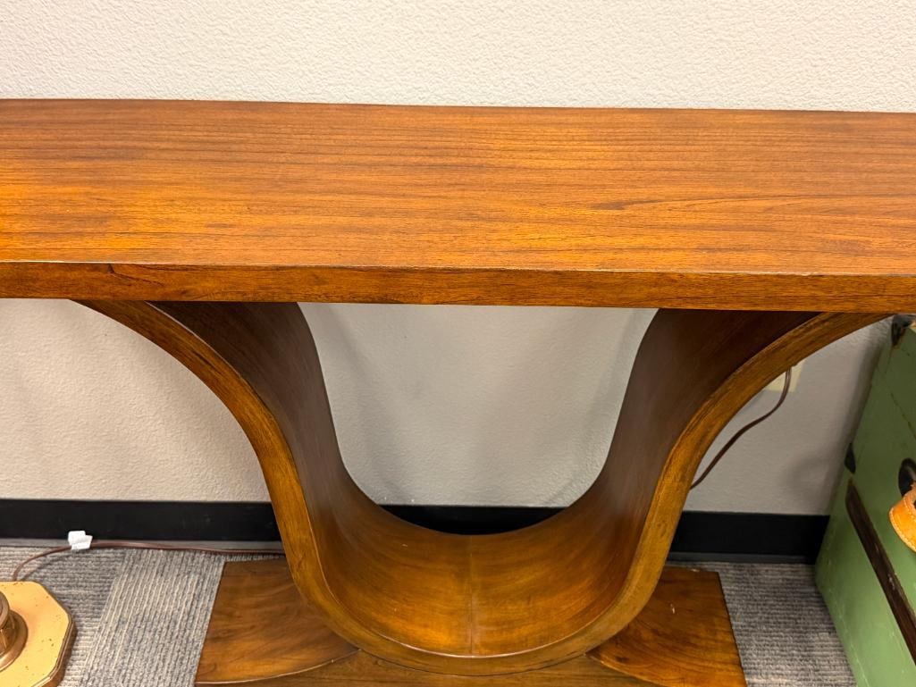 CONTEMPORARY WALNUT GRAIN FOYER / HALLWAY TABLE WITH LYRE STYLE BASE - 2