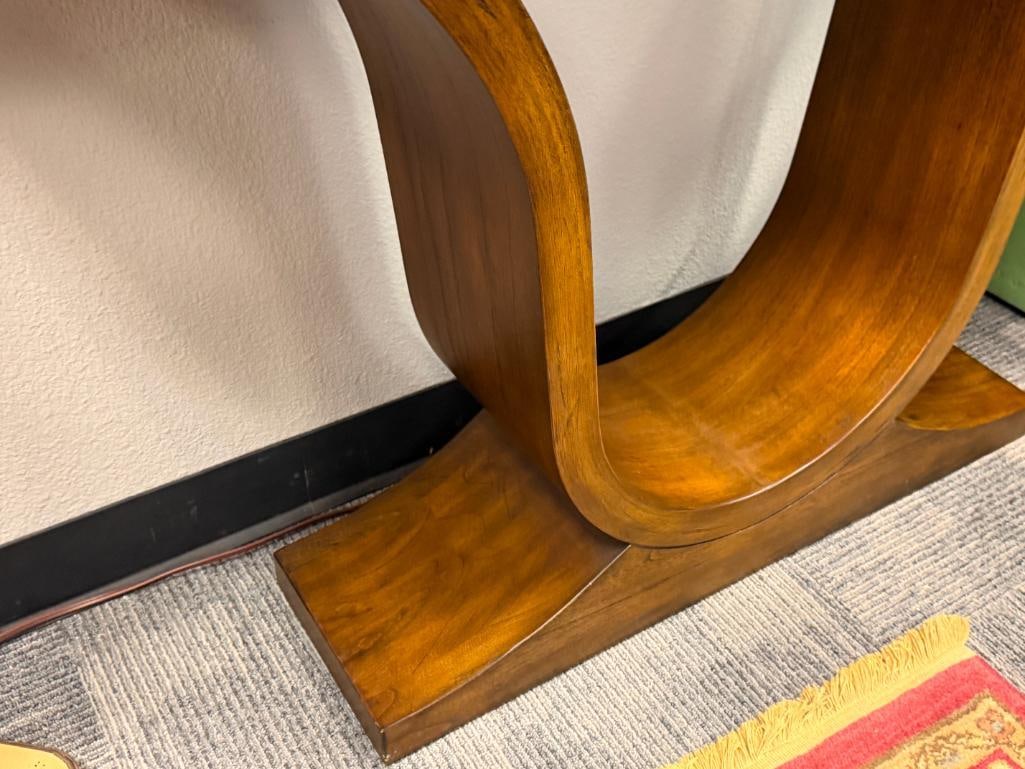 CONTEMPORARY WALNUT GRAIN FOYER / HALLWAY TABLE WITH LYRE STYLE BASE - 4