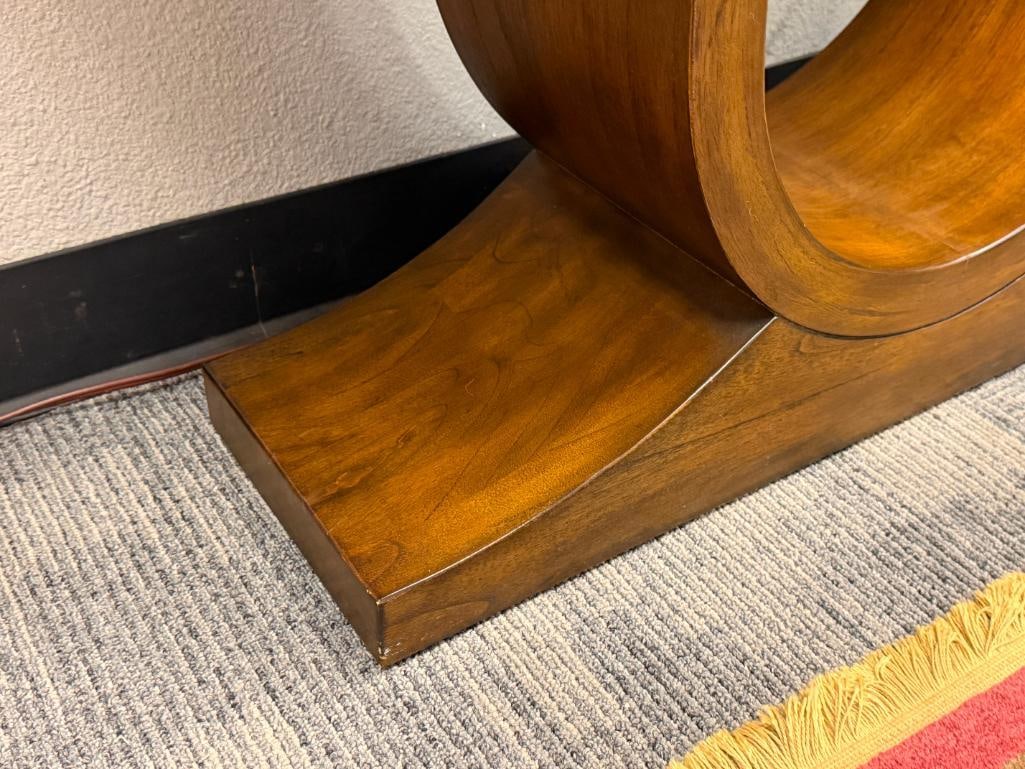 CONTEMPORARY WALNUT GRAIN FOYER / HALLWAY TABLE WITH LYRE STYLE BASE - 5