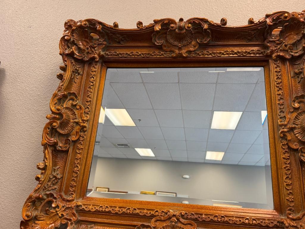 LARGE BAROQUE STYLE ELABORATE FRAMED BEVELED MIRROR BRONZE TONED - 2