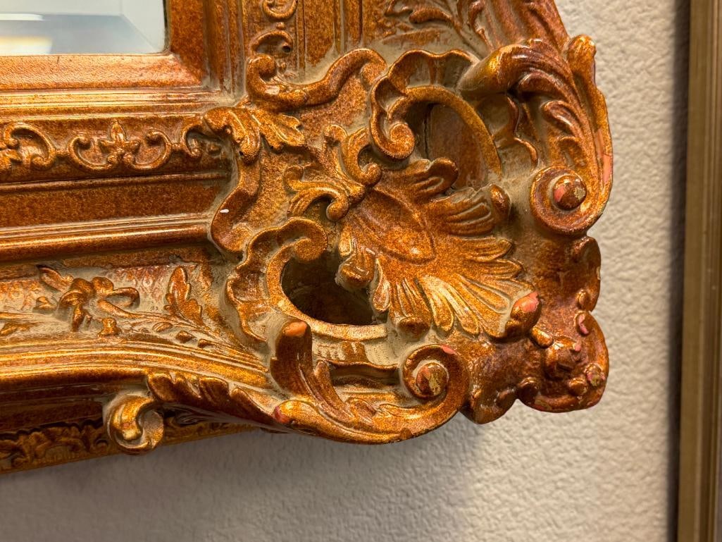 LARGE BAROQUE STYLE ELABORATE FRAMED BEVELED MIRROR BRONZE TONED - 4