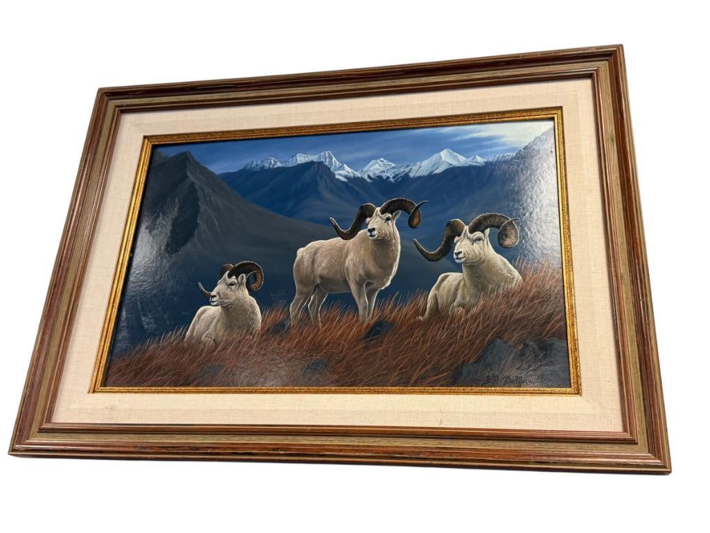 BARRY DUMAW AMERICAN NORTHWEST ARTIST ORIGINAL OIL ON MASONITE PAINTING OF DAHL SHEEP: BARRY DUMAW IS AN AMERICAN ARTIST ACTIVE IN WASHINGTON KNOWN FOR HIS WILDLIFE / ANIMAL PAINTINGS, ART DEPICTS SCENE OF THREE DAHL SHEEP WITH SNOW CAPPED MOUNTAINS IN THE BACKGROUND, SIGNED LOWER